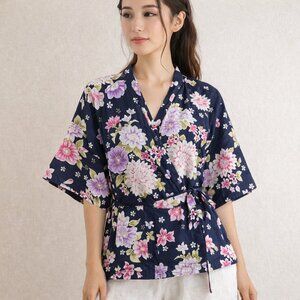 Jinbei Japanese Floral Wrap Top M/L Navy Cotton Kimono Style